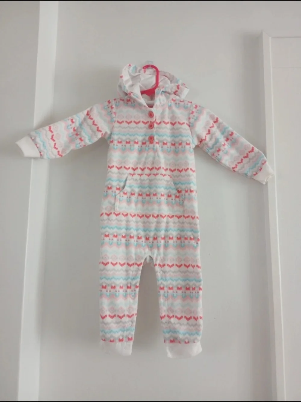 Carter's Coral Pink Blue Gray Fleece Hooded One-Piece Bodysuit 18 Months Baby